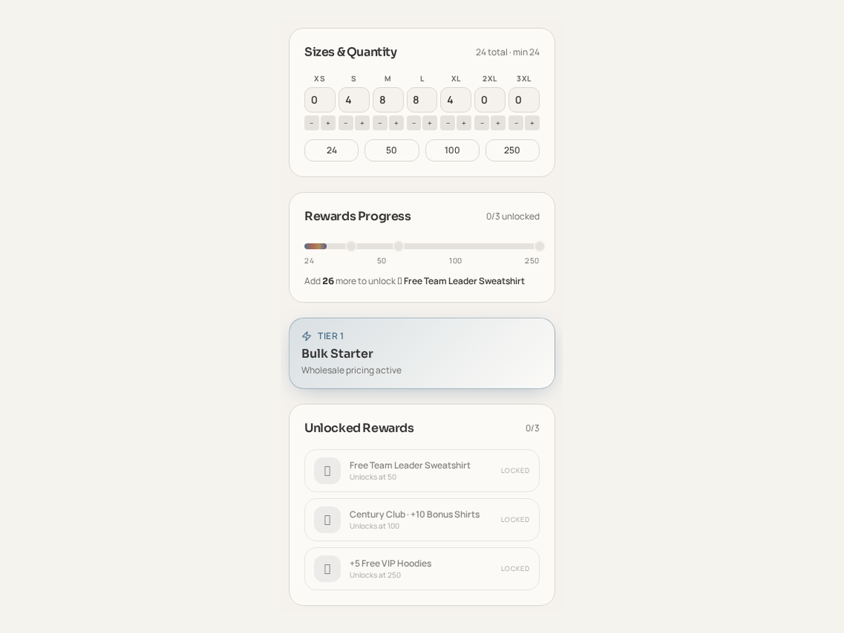 Size matrix and rewards progress panel